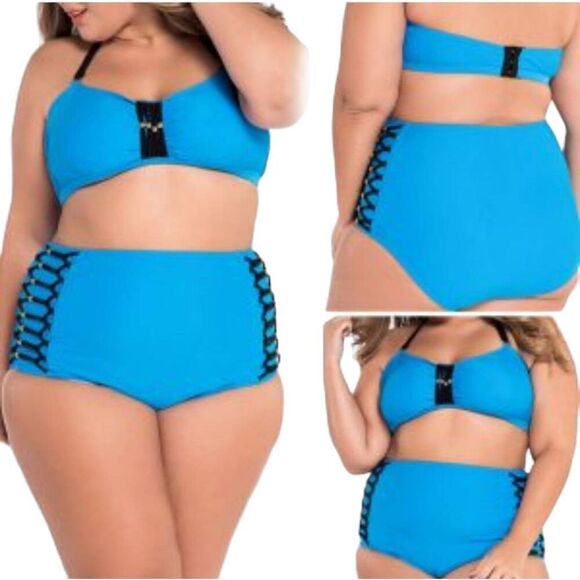 Wearion Bikini Two Piece Blue High Waist Black Criss Cross Bathing Swim Suit NEW - Picture 1 of 9